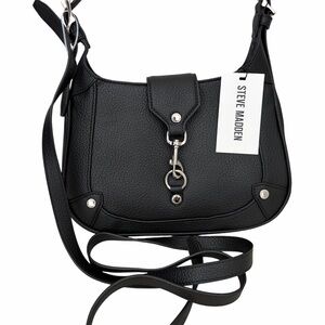 Steve Madden Tully Crescent-Shaped Black Crossbody Bag with Silver Hardware